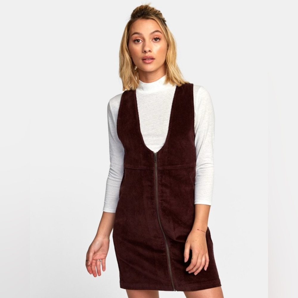 RVCA North Corduroy Jumper Deep Brown Zip Mini Overall Dress‎ Size M